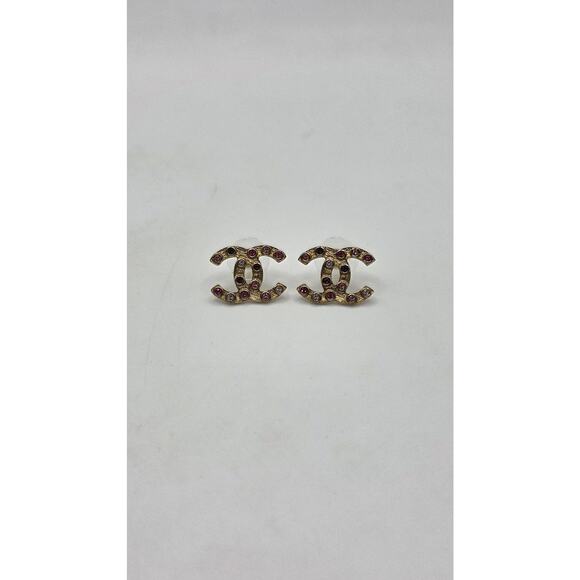 Chanel Gold-tone Pink Strass Interlocking CC Stud Earrings - Picture 3 of 13